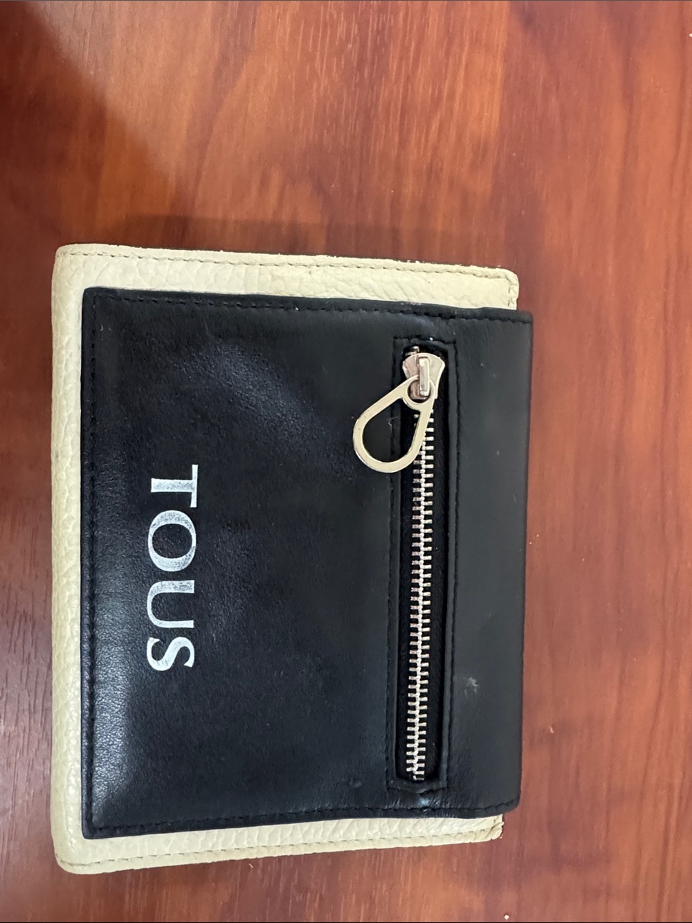 Tous Black and Cream Compact Leather Wallet with Front Zip